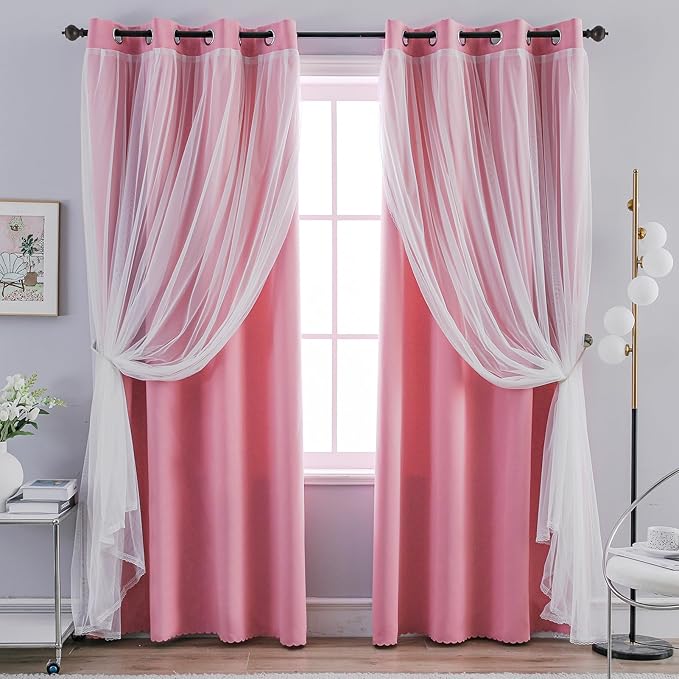 Anytime Home Curtains Blackout and Sheer Layered Solid Window Curtain Panel Pair with Grommet Top, 52Wx63L,Pink