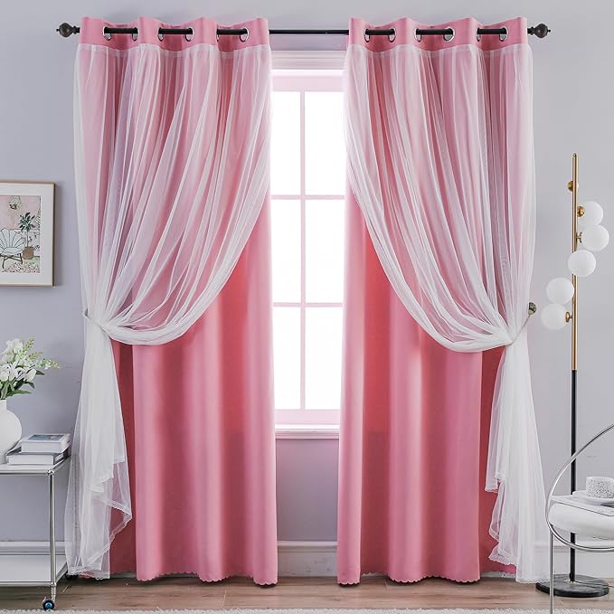 Anytime Home Curtains Blackout and Sheer Layered Solid Window Curtain Panel Pair with Grommet Top, 52Wx72L,Pink