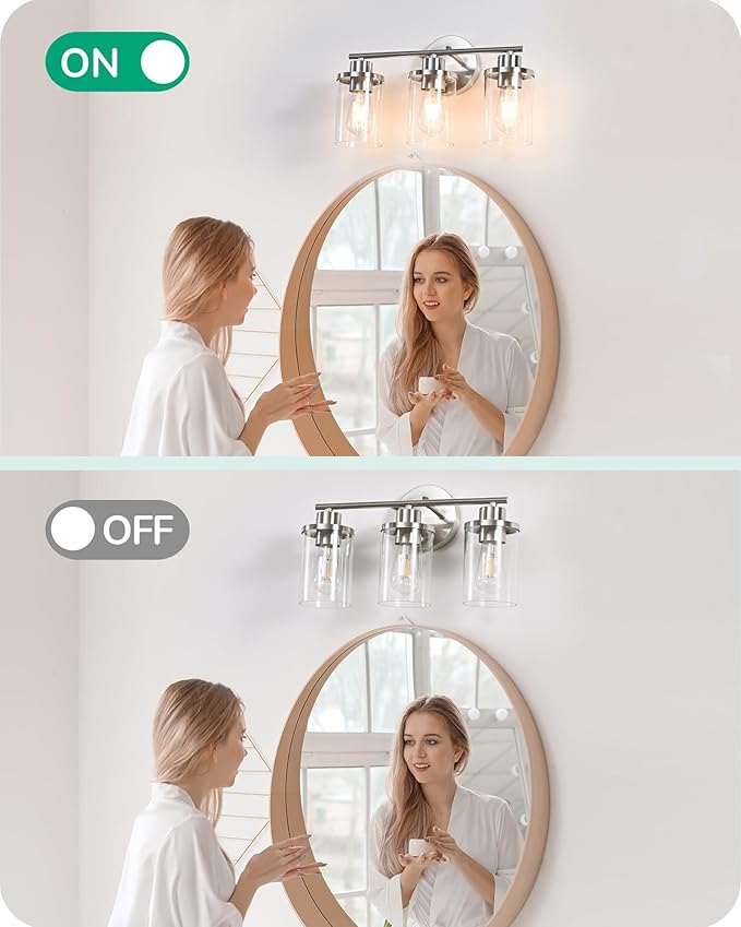 EDISHINE Bathroom Light Fixtures, 3-Light Bathroom Vanity Light Over Mirror, Brushed Nickel Wall Sconces Lighting with Clear Glass Shade Modern Bath Wall Mount Lamp for Vanity Table, Powder Room