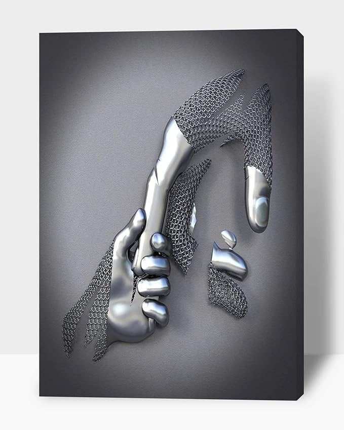 HIPOCAPO 3D Metal Effect Canvas Wall - Art Decor Artwork Hold Hands Silver Modern Painting, Large for Bedroom Dercorations Framed 28''x40''x1Pcs 3d Art-10