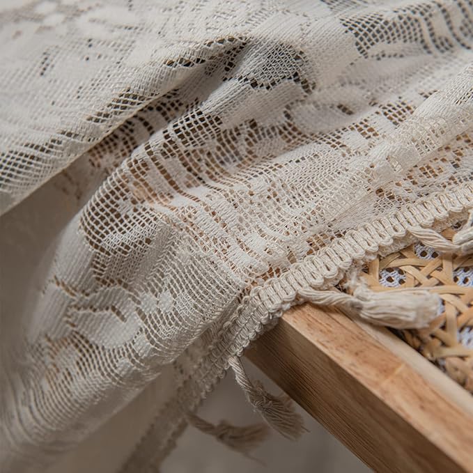 Sutuo Home Boho Kitchen Curtains Crochet Florals Embroidery, Bohemian Sheer Lace Curtains Handmade Knitted Tassels Vintage Chic Farmhouse Drape for Nursery Bedroom Rod Pocket 1 Panel 59" W x 63" L