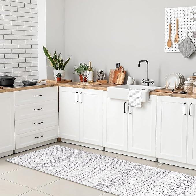 Lahome Moroccan Small Runner Rug - 2x5 Rug Runner Non-Slip Washable Rug Runner Throw Lightweight Hallway Rugs Indoor Laundry Room, Geometric Print Carpet Runners for Bedroom Kitchen (White, 2'x5')