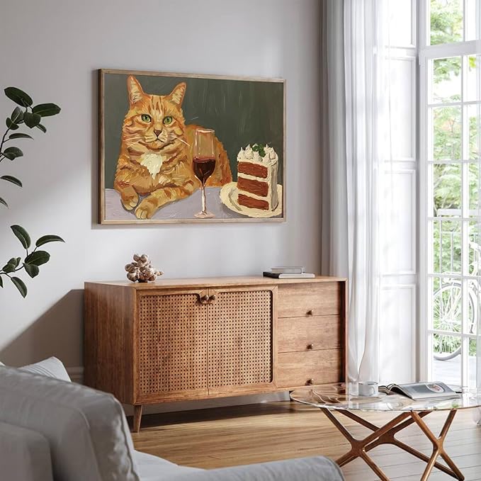 Eeuqiauot Vintage Cat Canvas Wall Art Abstract Cat with Cake Poster Cute Animal Prints Vintage Animal Drink Wine Poster Funny Kitty Pictures Wall Decor 16x24in Unframed