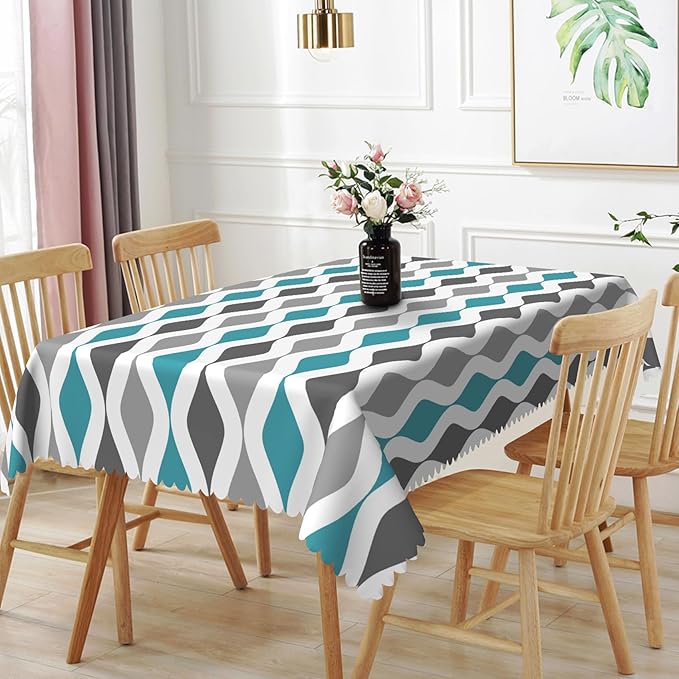 54x78inches Teal Turquoise Grey Table Cloth Mid Century Geometric Stripes Tablecloth Spill Proof Washable Polyester Table Cover for Farmhouse Living Room Dining Room Kitchen Cafe Party Decor