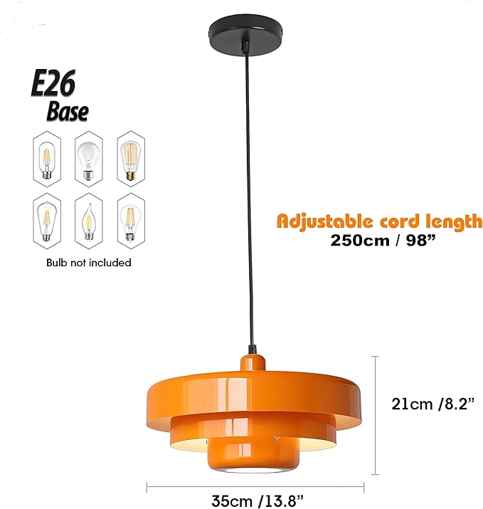 Mid Century Pendant Light Fixtures 13.78 inch, 1 - Light Ceiling Pendant Lamp with 3-Layer Metal Shade, Height Adjustable, Vintage Orange Hanging Lamp for Kitchen Island Lighting,Dining Room