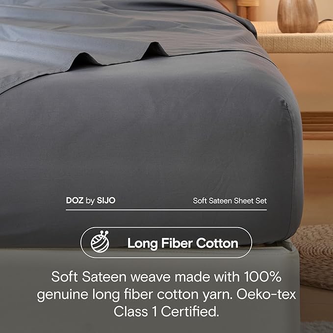 DOZ 100% Long Staple Cotton Duvet Cover Set, Soft Sateen Weave, Smooth, Breathable, Hotel Comfort, 106"x90", 8 Loops, 3pc – 2 Pillowcases 1 Duvet Cover (Storm, King/Cal King)
