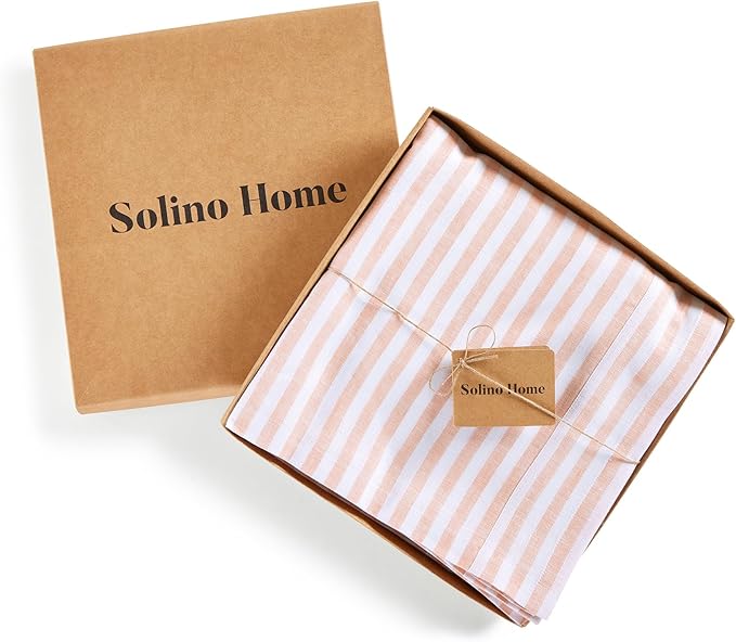 Solino Home Linen Striped Tablecloth 60 x 90 Inch - 100% Pure Linen Coral and White Table Cloth for Rectangle Tables - Amalfi Stripe, Machine Washable Tablecloth