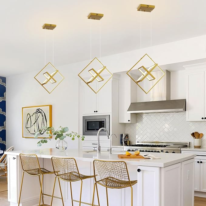 Modern LED Square Chandelier Gold LED Hanging Pendant Light with Remote Control Dimmable Contemporary Geometric Chandeliers Creative DIY Height Adjustable Lighting for Dining Room Entryway