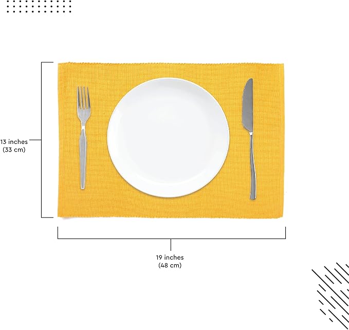 Encasa XO Dining Placemat Set of 6 | Solid Yellow Color | Fine Ribbed Cotton Table mat | Size 19x13 in |for Dining Table Fall Decoration, Holiday & Christmas Festivals - Machine Washable