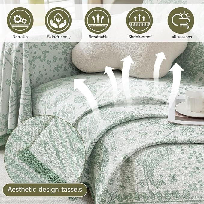 ROOMLIFE Green Sofa Cover, Vintage Boho Couch Cover for 3 Cushion Sofa, Soft Breathable Sofa Cover for Dog, Washable Furniture Sofa Protector Cover Blanket with Tassel for Living Room, 71 '' X 134''