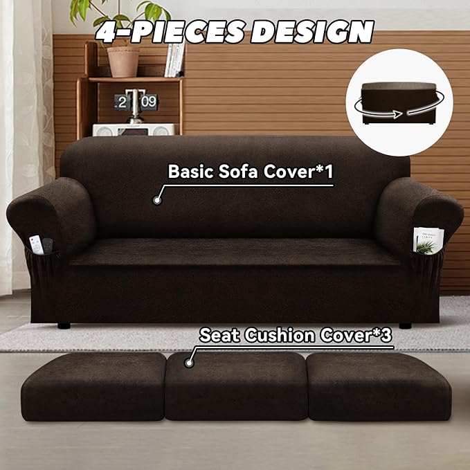 Sofa Slipcover with Armrest Pockets 4-Piece Set, Stretch Faux Leather Couch Cover for 3-Cushion Couches(Fits 72-92") - Non-Slip, Machine Washable, Pet & Kid Friendly - Dark Brown