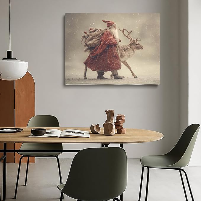 Vintage Santa and Reindeer Walking Wall Art Print,Christmas Scenery Print,Nordic Snow Winter Wonderland Print,Cozy Rustic Holiday Home Decor