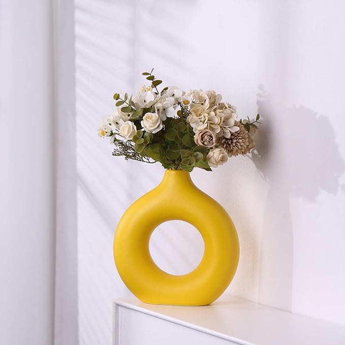Modern Donut-Shaped Decorative Vases, Handmade Minimalist Boho ins Style, Modern Vase for Home Decor for Wedding Dinner Table Party Living Room Office Bedroom (Yellow, Small)
