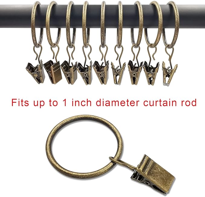 40 Pack Curtain Rings with Clips, Curtain Clip Rings Hooks, Bow Hanger Clips for Hanging Drapery Drapes Bows, Ring 1.26 inch Interior Diameter, Fits up to 1" Rod, Bronze