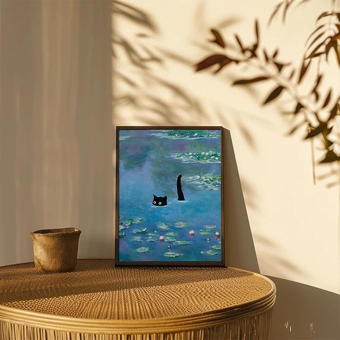 XOCUUI Cat Wall Art Monet Prints Vintage Canvas Wall Art Funny Cat in Water Lilies Posters for Room Bedroom Living Room Bathroom Wall Decor Aesthetic 8" x 10"
