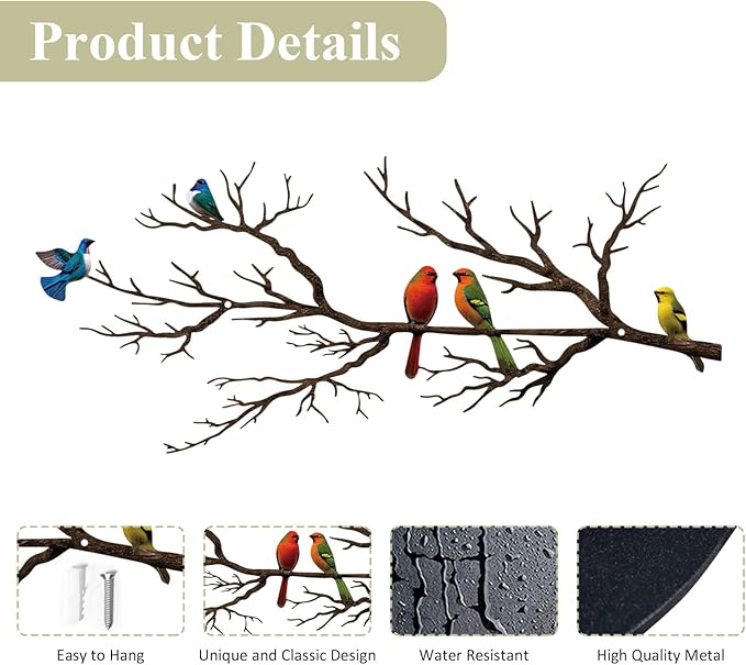 Metal Birds Wall Art, Metal Vivid Birds on Branch Silhouette Wall Decor Black Leaves with Bird Outdoor Hanging Wall Sculpture for Home Balcony Garden (Vintage Color, Small)