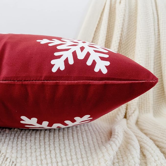 HWY 50 Red Decorative Throw Pillow Covers 16x16 Inch for Couch Sofa Living Room Bed, Soft Square Throw Pillows Cases Set Cushion Cover with Christmas Snowflakes Print Pack of 2