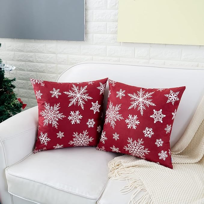 HWY 50 Red Decorative Throw Pillow Covers 16x16 Inch for Couch Sofa Living Room Bed, Soft Christmas Big and Small Snowflakes Print Throw Pillows Cases Cushion Cover Pack of 2