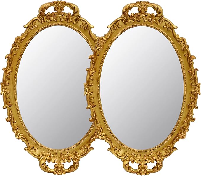 2 Pack - Vintage Decorative Gold Framed Mirror, Wall Hanging Mirrors & Tabletop Tray for Bedroom Living Room Dresser Decor, Oval- 9.6" W x 14.3" L (GOLD-2PACK)
