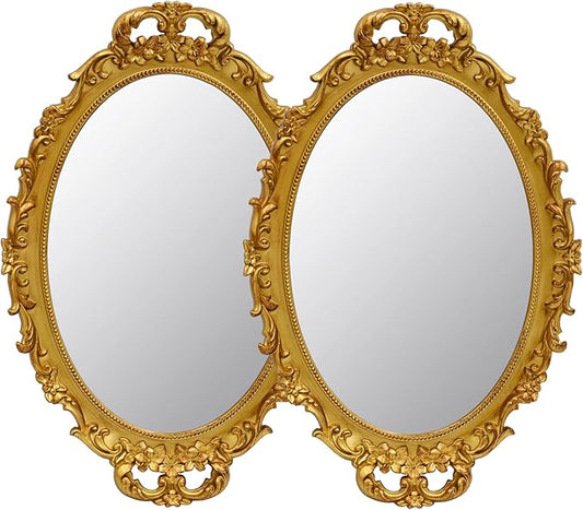 2 Pack - Vintage Decorative Gold Framed Mirror, Wall Hanging Mirrors & Tabletop Tray for Bedroom Living Room Dresser Decor, Oval- 9.6" W x 14.3" L (GOLD-2PACK)