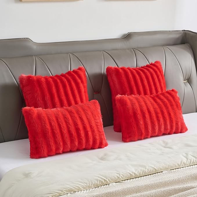 FUTEI Christmas Red Decorative Throw Pillow Covers 26x26 Inch Set of 2,Soft Fluffy Faux Rabbit Fur Dyeing Striped Textured Euro Pillow Shams,Modern Home Decor for Couch Bed Living Room