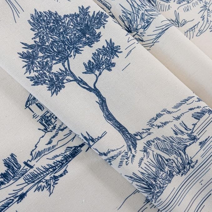 F-CHU Blue Curtains 2 Panel Set Drapes for Bedroom Aesthetic Decor Retro Cottage Toile Shabby Chic Design Farmhouse Semi Blackout Curtains 96 Inches Long for Living Room, 55" W x 96" L