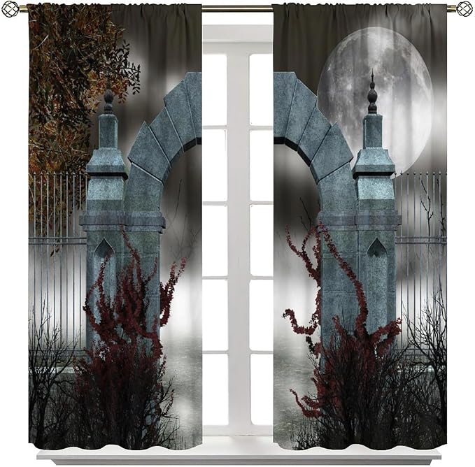 Gothic Mid Century Blackout Curtains, Scary Medieval Moon Dark Night Theme Window Drapes, for Living Room Bedroom 27.5(W)*63(L) 2 Panels