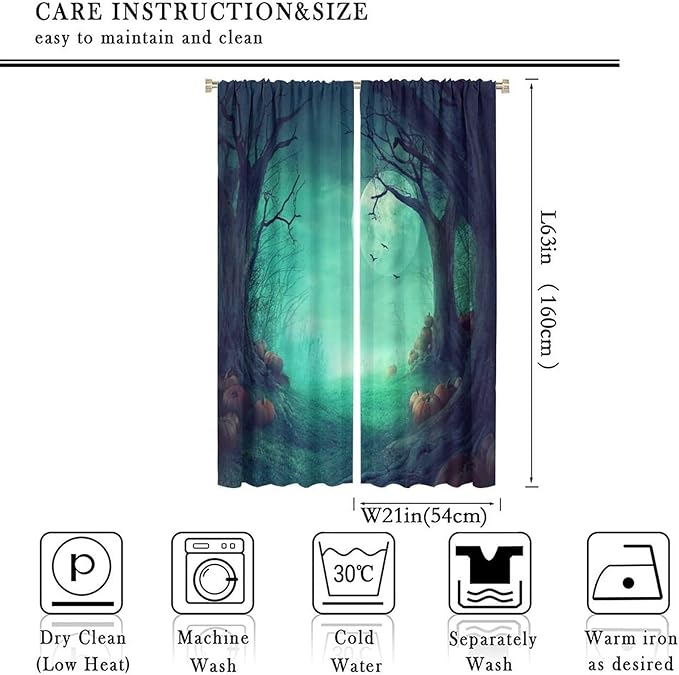 Gothic Mushroom Blackout Window Curtains, Misty Dark Black Forest Moon Halloween Window Drapes, for Living Room Bedroom 21(W)*63(L) 2 Panels
