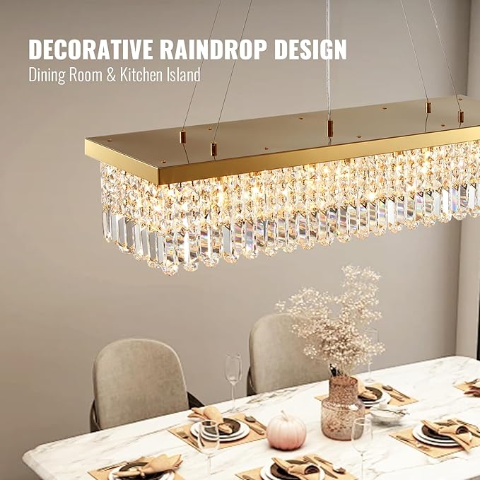 Siljoy Modern Crystal Chandelier, Luxury Gold Rectangular Raindrop Chandelier Lighting, 8-Light Rectangle Crystal Ceiling Light Fixture for Dining Room Kitchen Island Bar L40'' x W10'' x H10''