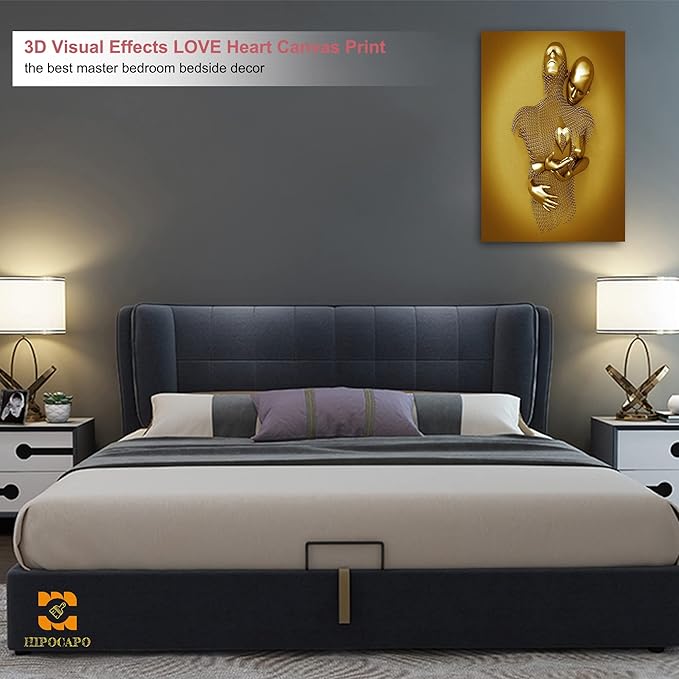 3D Wall Art- Love Heart 3D Metal Canvas Art, Gold Modern Abstract Hug Lovers Painting Picture Poster Prints for Bathroom, Romantic Couple Living Room Canvas Wall Art Framed 24”x36”x1Pcs