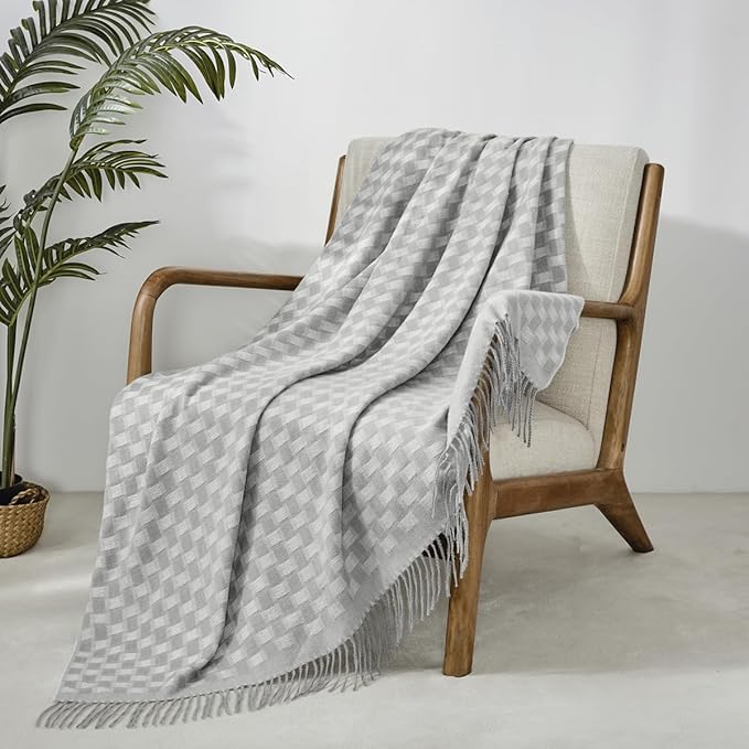 CREVENT 50"X60" Farmhouse Lightweight Breathable Soft and Warm Checkered Plaid Throw Blanket for Sofa Couch Bed, Faux Cashmere Home Decoration Throw with Tassles (Grey)