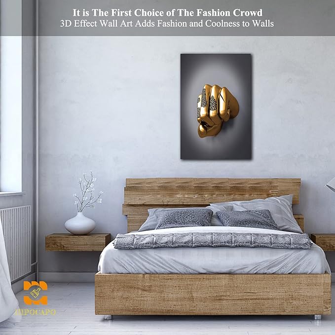 3D Wall Art - Abstract 3D Metal Effect Canvas Wall Art, 3D Modern Large Wall Art for Office, Golden Boxer Gesture 3D Art Wall Decor for Modern Bedroom Decor Framed 18”x24”x1Pcs