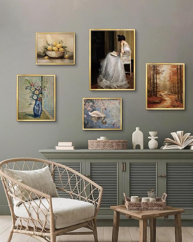 AIMAILON Vintage Gold Canvas Wall Art Framed Decor for Living Room School Elegant Reading Girl in White Dress Portrait Classical Aesthetic Artwork Home Decoration 12x16