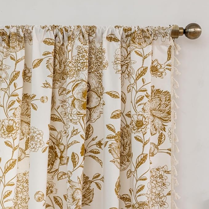 F-CHU Bohemian Floral Curtains 63 in Long Patterned Curtain for Bedroom Cotton Linen Blend Farmhouse Style French Country Brown Khaki Floral and Plant Designs Kitchen Curtains 55" W x 63" L