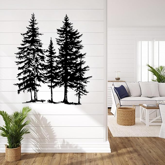 Sutanun Pine Tree Metal Wall Art – Large Rustic Farmhouse Branch Wall Sculpture for Living Room, Bedroom & Cabin – Nature Decor Gift for Nature Lovers (Silver, 39"x34"|100x85cm)