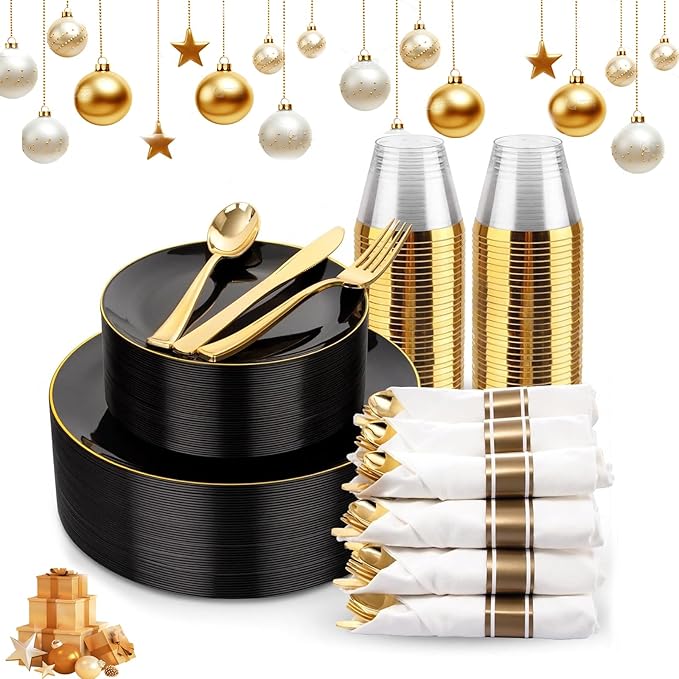 KIRE 175Pcs Black Plates Disposable - Heavy Duty Black and Gold Plastic Plates- 25 for Dinner 25 for Dessert 25 Pre Rolled Gold Silverware and 25 Cups for New Year/Birthday Party