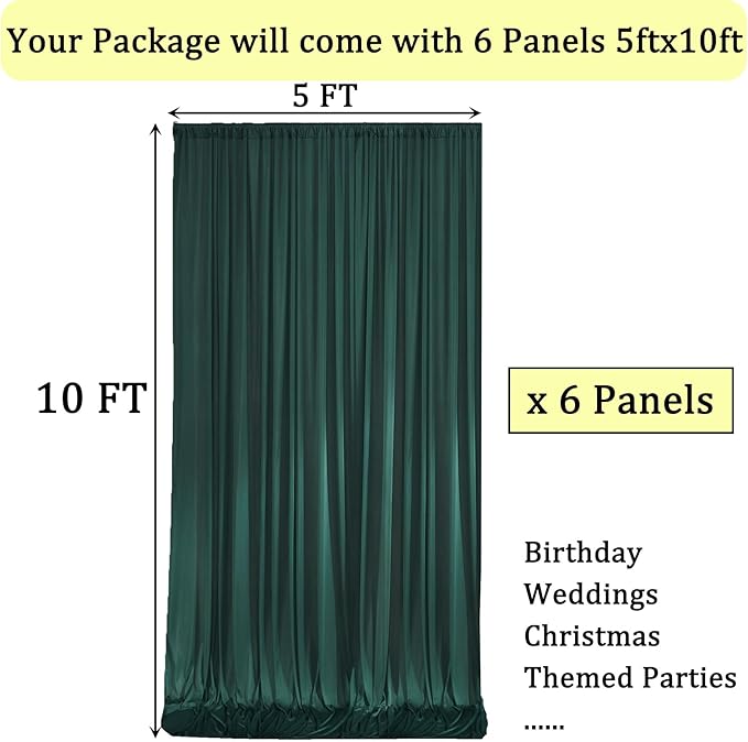 30ft x 10ft Wrinkle Free Hunter Green Backdrop Curtains for Parties, 6 Panels 5x10ft Polyester Green Photo Backdrop Drapes for Wedding Party Photography Background Jungle Theme Birthday Decor