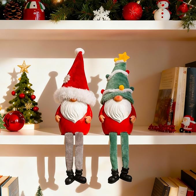 Resin Christmas Gnomes Decoration - 2PCS Xmas Long Dangle Leg Winter Gnomes Handmade, Gift Swedish Scandinavian Santa Claus Collectible Figurines for Home Table Ornament, Tiered Tray Decor