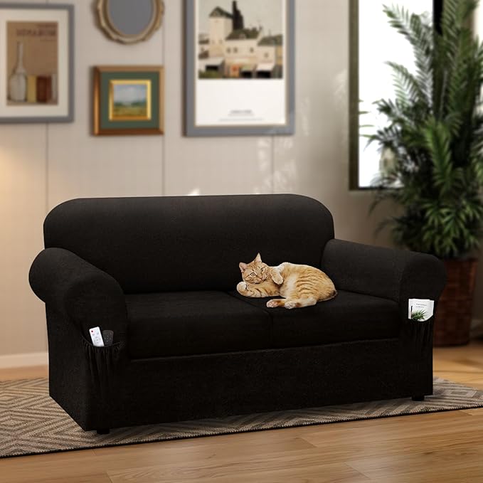 Loveseat Slipcover with Armrest Pockets 3-Piece Set, Stretch Faux Leather Love Seat Covers for 2-Cushion Couches(Fits 58-66") - Non-Slip, Machine Washable, Pet & Kid Friendly - Coffee