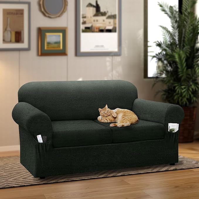 Sofa Slipcover with Armrest Pockets 4-Piece Set, Stretch Faux Leather Couch Cover for 3-Cushion(Fits 72-92") - Non-Slip, Machine Washable, Pet Friendly (Military Green, 2 Cushion Loveseat)