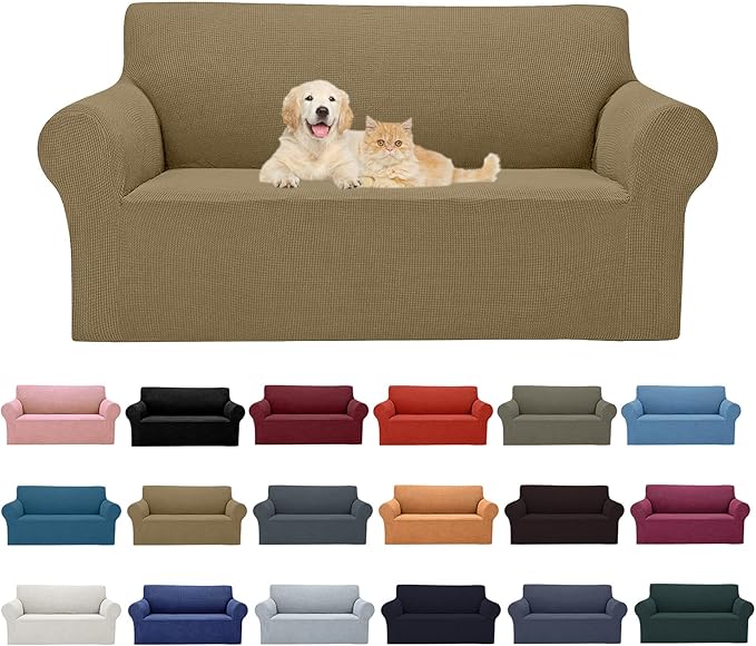 Cupuamon 2025 New Stretch Loveseat Sofa Slipcovers Couch Cover for 2 Cushion Furniture Protector Sofa Covers with Elastic Bottom Jacquard Fabric Small Checks for Pets, Kids - Tan