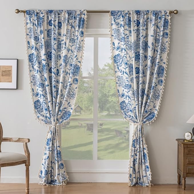 F-CHU Boho Curtains for Living Room 96 Inch Length French Country Floral Drapes Farmhouse Rustic Vintage Window Curtain Panels for Bedroom Chic Cotton Linen Closet Curtains，2 Panel Blue Curtain