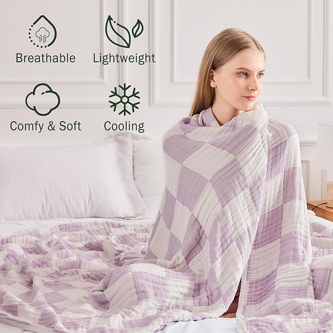 EMME Checkered Throw Blanket Cotton for Couch Soft Muslin Blankets 50"x60" Lightweight Breathable Cooling Soft All Season Gauze, Lavender