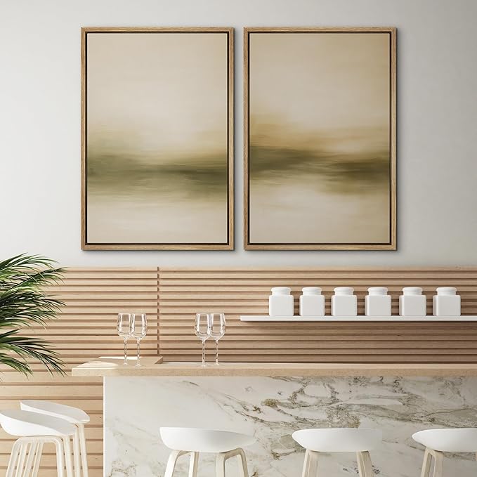SIGNWIN Framed Canvas Print Wall Art Set Golden Horizon Mist Neutral Beige and Olive Gradient Abstract Landscape Zen Bohemian for Living Room, Bedroom, Office - 24"x36"x2 NATURAL