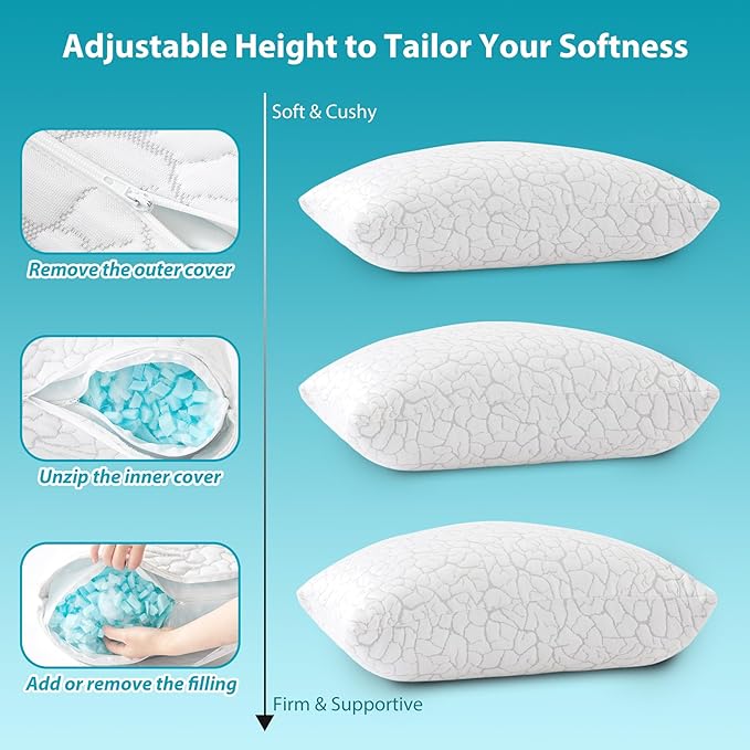 Cooling Pillows for Sleeping 2 Pack, King Size Adjustable Shredded Memory Foam Pillows, Firm Bed Pillows for Side, Back, Stomach, Hot Sleepers, Cold Pillow with Removable Washable Cover