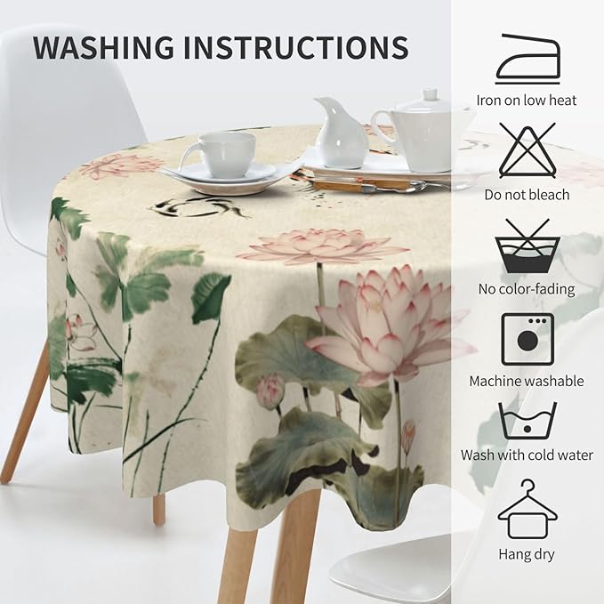 Chinese Tablecloth, Traditoanl Landscape Lotus Floral Oriental Koi Vintage Ink Painting Japanese Water Resisitant Table Cover for Dining Kitchen Living Room Home Party Holiday Decor 60 inch Round
