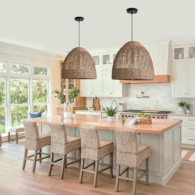 18.9" Rustic Woven Pendant Light Fixture 3-Lights Bohemian Handmade Basket Hanging Light Rattan Wicker Farmhouse Chandelier for Kitchen Island Bedroom Living Room, Kitchen Island, Foyer Hallway