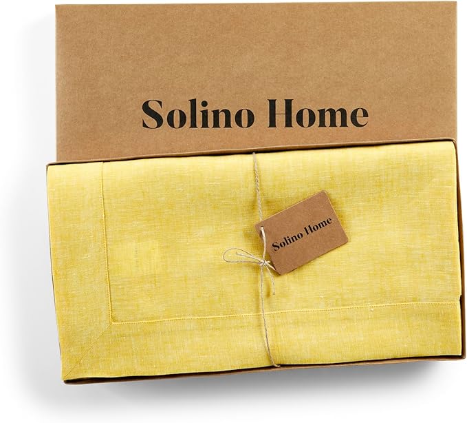 Solino Home Linen Tablecloth 60 x 90 Inch - 100% Pure Linen Chambray Lemon Yellow Table Cloth for Rectangular Tables - Athena, Machine Washable Cloth Tablecloth