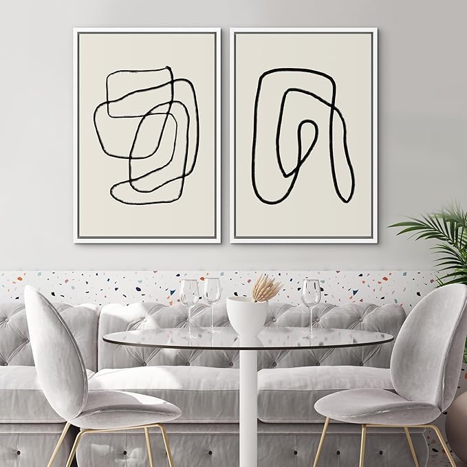 SIGNWIN Framed Wall Art Print Set Black Lines Over Tan Plain Background Abstract Swirly Cozy Neutral Modern Art Mid-Century Modern Expressive for Living Room, Bedroom, Office - 24"x36"x2 White