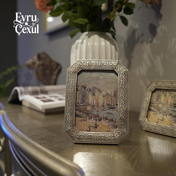 4x6 Vintage Picture Frame - Silver Antique Frame 4x6, Ornate Frames 4 X 6 With Glass Front For Tabletop Photo Display And Wall Hanging, Victorian Poster Frame 4 By 6 Vintage Wall Decor